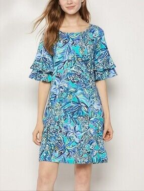 Lilly Pulitzer Tropical Pineapple Jersey Ruffle Sleeve Lula Dress, M